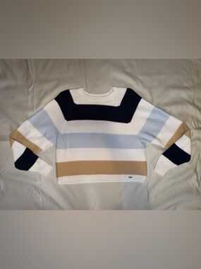 HOLLISTER‎ Striped Crewneck Sweater in White, Navy, Light Blue & Camel size S